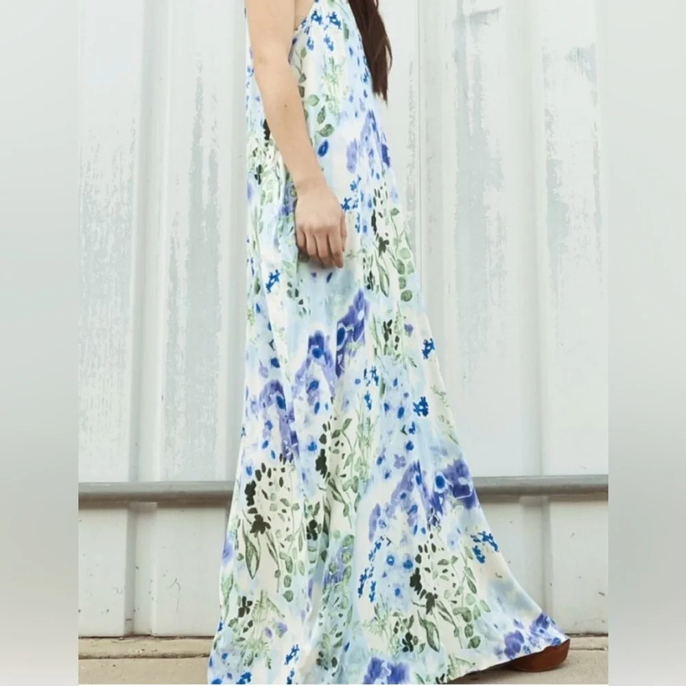 NWT Love Stitch Watercolor Floral Blue and Green Sleeveless Maxi Dress Size S/M - Picture 4 of 8